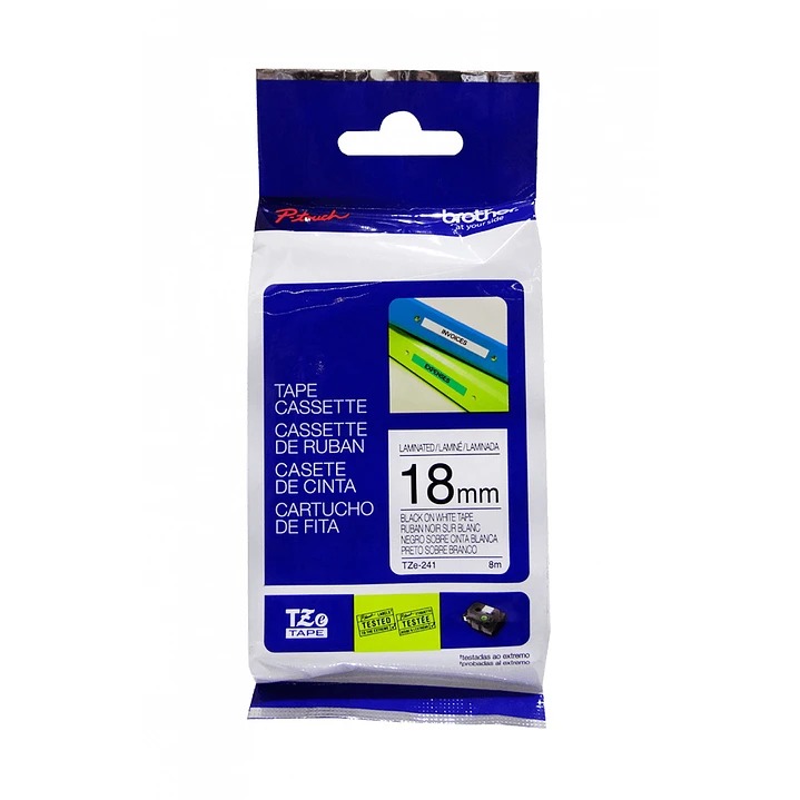 TZE-241 18mm Negro en Fondo Blanco Cinta 8mt